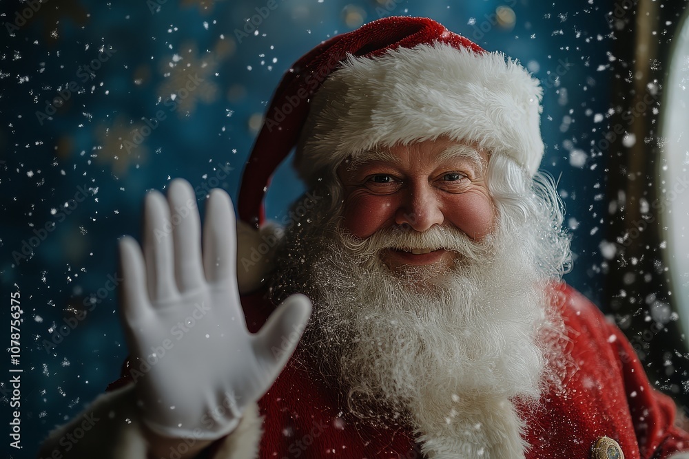 Santa Claus waves and smiles at the camera against a snowy Christmas night background with falling snowflakes. Festive holiday spirit captured in natural lighting. Santa Claus waves and smiles at the camera against a snowy Christmas night background with falling snowflakes. Festive holiday spirit captured in natural lighting.