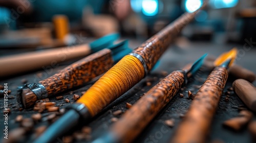 A collection of finely crafted woodworking tools carefully arranged on a tabletop in a workshop, showcasing the essential implements of a skilled artisan's trade. photo