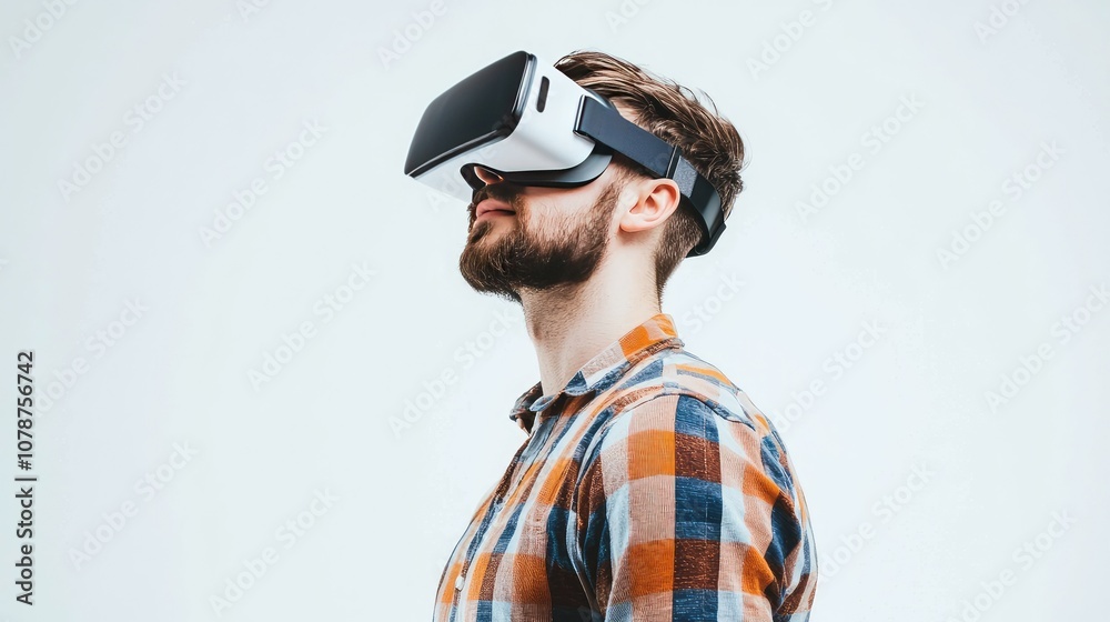 Man wearing VR headset, exploring virtual reality. Man wearing VR headset, exploring virtual reality.