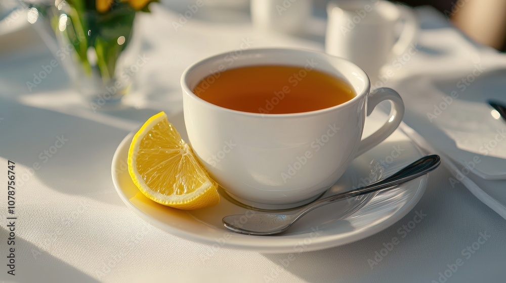 A warm cup of tea with a lemon slice, accompanied by a spoon, sitting on a white plate with a bright background. A warm cup of tea with a lemon slice, accompanied by a spoon, sitting on a white plate with a bright background.