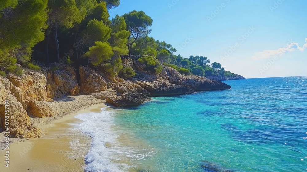 A tranquil beach with clear blue water and a sandy shoreline, surrounded by lush green trees and rocky cliffs. A tranquil beach with clear blue water and a sandy shoreline, surrounded by lush green trees and rocky cliffs.