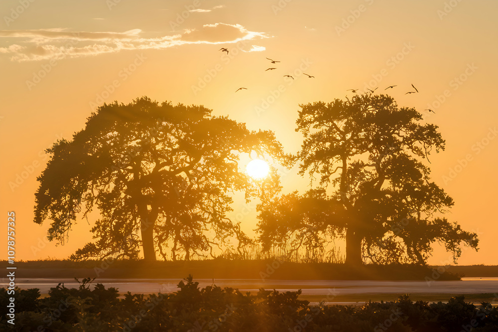 Fototapeta premium Glowing sunset with tree silhouettes, birds, serene golden sky