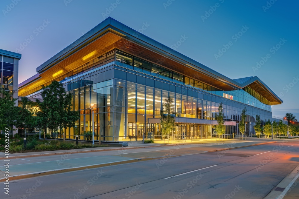 Naklejka premium Modern Convention Center with Glass Facade at Dusk