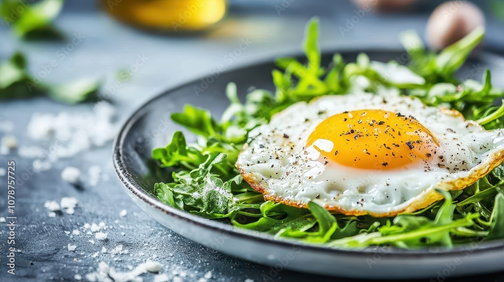 A vibrant plate featuring a sunny-side-up egg atop fresh arugula, garnished with spices, showcasing healthy and delicious meal ingredients. A vibrant plate featuring a sunny-side-up egg atop fresh arugula, garnished with spices, showcasing healthy and delicious meal ingredients.
