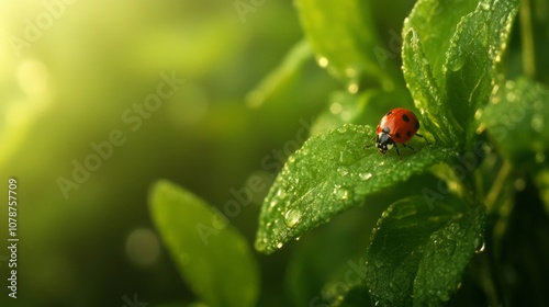 Ladybug on a Dew-Covered Leaf: A Close-Up View of Nature's Beauty