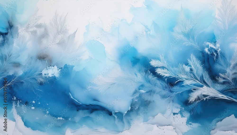 Fototapeta premium Ethereal Abstract Watercolor Winter Landscape in Cool Blues and Whites, Dreamy Snowy Background, Perfect for Banner Design, Web Headers, or Seasonal Concepts in Branding and Marketing