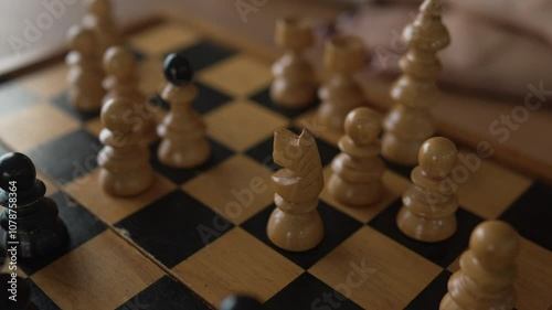 unknown woman hand move chess piece in strategic board game