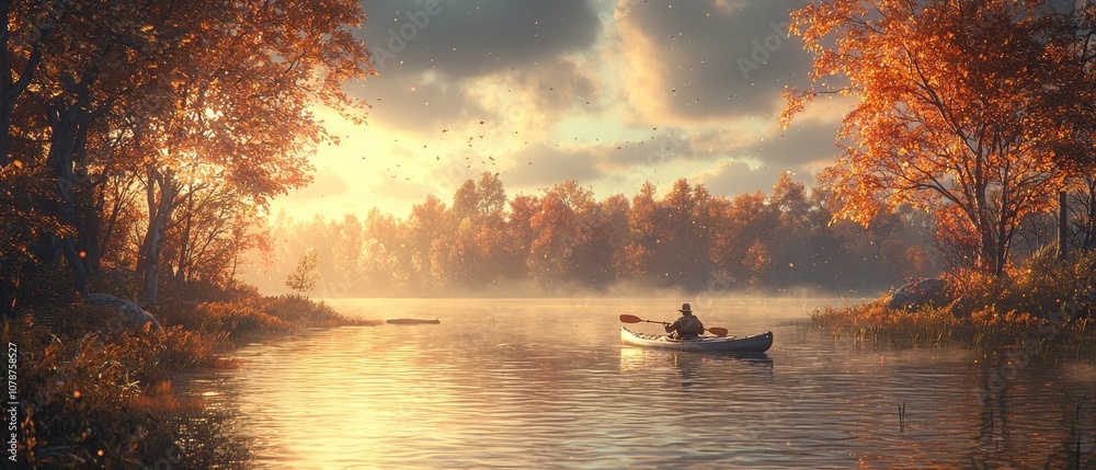 A serene sunset over a calm river, surrounded by autumn trees, creating a picturesque scene with a lone rower in a boat. A serene sunset over a calm river, surrounded by autumn trees, creating a picturesque scene with a lone rower in a boat.