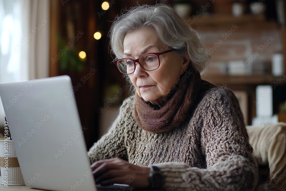 Elderly woman in glasses sitting at a desk, focused on learning how to use a laptop, soft natural light, cozy home setting. Elderly woman in glasses sitting at a desk, focused on learning how to use a laptop, soft natural light, cozy home setting.