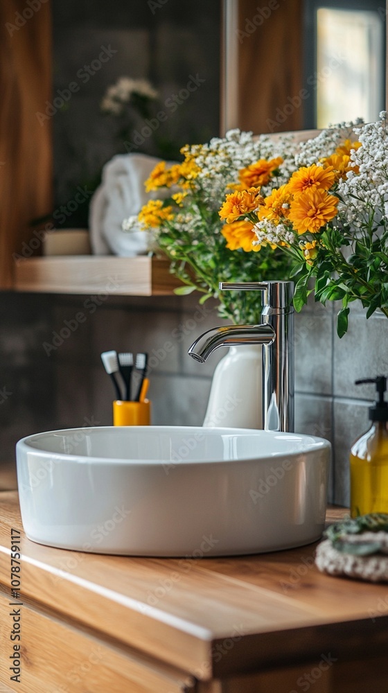 Rustic bathroom vanity with modern white vessel sink, sleek faucet, and vibrant marigold bouquet in concrete planter, blending natural and contemporary elements. Rustic bathroom vanity with modern white vessel sink, sleek faucet, and vibrant marigold bouquet in concrete planter, blending natural and contemporary elements.