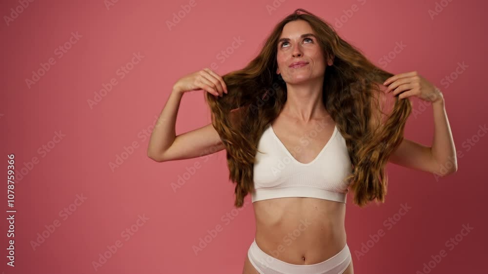 studio pink background beautiful smiling girl with long hair in underwear stands posing for camera beauty of youth studio pink background beautiful smiling girl with long hair in underwear stands posing for camera beauty of youth