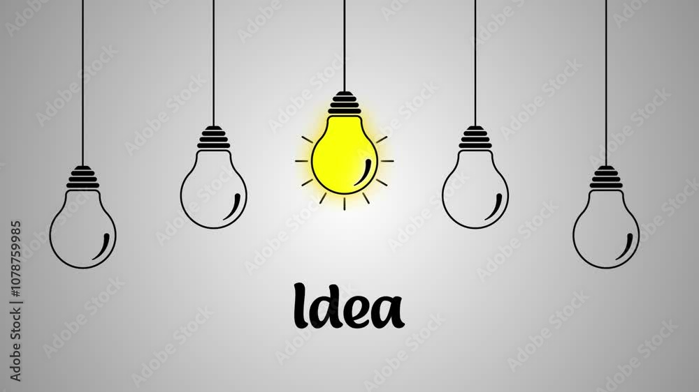 Set of hanging light bulbs with one glowing. Trendy flat vector light bulb icons with concept of idea on white background.
