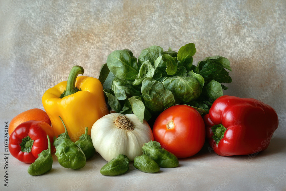 A fresh selection of assorted vegetables like bell peppers and leafy greens, beautifully arranged on a subtle background, representing a healthy and natural lifestyle. A fresh selection of assorted vegetables like bell peppers and leafy greens, beautifully arranged on a subtle background, representing a healthy and natural lifestyle.