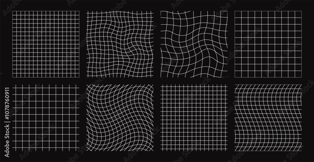Distorted grid seamless patterns, retro futuristic wireframe. White linear geometric grids, lattice or mesh with distortion effect, abstract wavy line checkered background vector set
