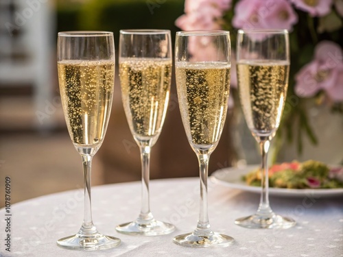 Four Elegant Champagne Glasses Brimming with Bubbly Liquid Against a Soft Background for Celebration and Toasting Moments