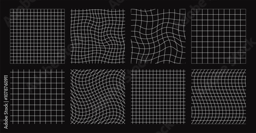 Distorted grid seamless patterns, retro futuristic wireframe. White linear geometric grids, lattice or mesh with distortion effect, abstract wavy line checkered background vector set