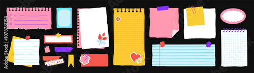 Sticky paper notes for daily planner, hand drawn memo sheet stickers. Cute notebook sheets template doodles, paper note with washi tape, to-do list and reminder, blank diary pages vector set