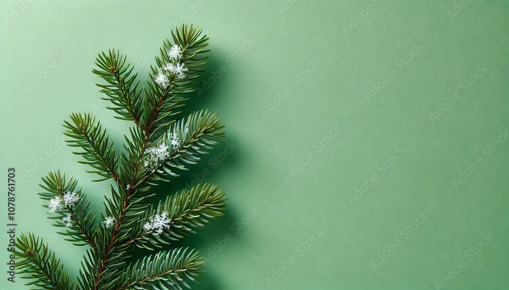 A minimalist composition featuring a lush, green pine branch on the right side, extending against a solid, brighter green background A minimalist composition featuring a lush, green pine branch on the right side, extending against a solid, brighter green background