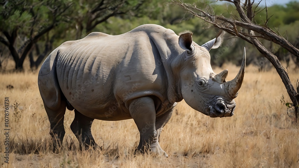 Fototapeta premium A white rhinoceros stands in a dry, grassy field with trees in the background.