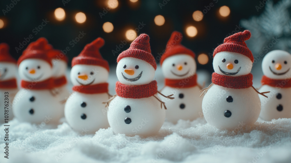 An adorable group of snowmen wearing red hats and scarves stand arranged in snow, with a blurred background of lights, capturing a festive and cheerful winter scene. An adorable group of snowmen wearing red hats and scarves stand arranged in snow, with a blurred background of lights, capturing a festive and cheerful winter scene.