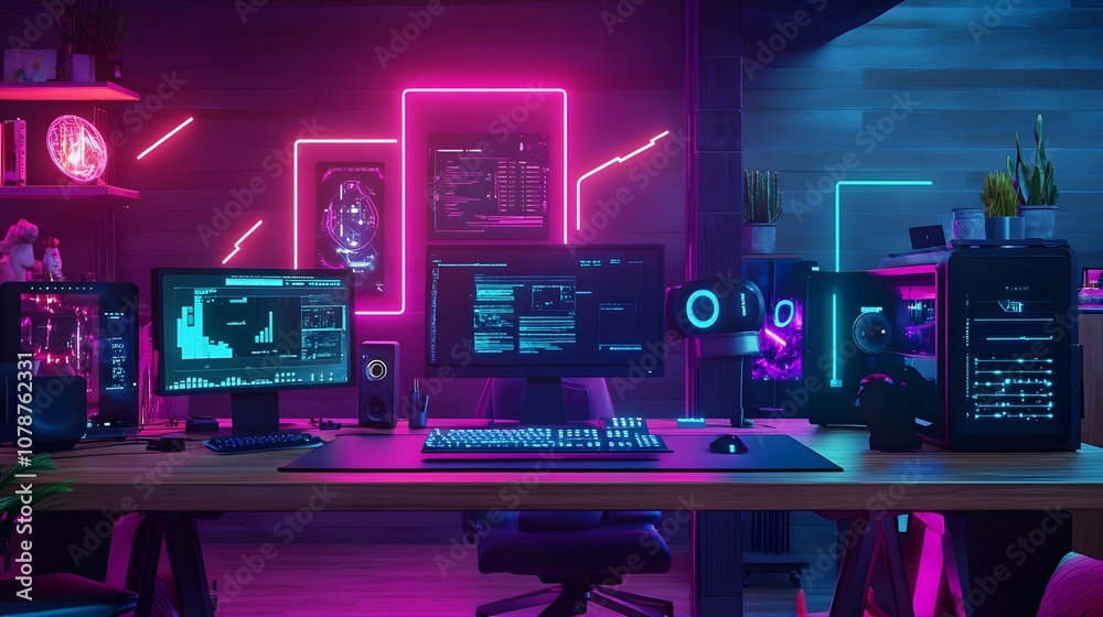 modern gaming setup featuring multiple monitors, neon lights, and sleek devices creates immersive atmosphere for gamers. vibrant colors enhance futuristic vibe modern gaming setup featuring multiple monitors, neon lights, and sleek devices creates immersive atmosphere for gamers. vibrant colors enhance futuristic vibe