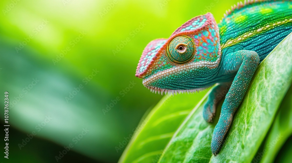 Obraz premium A Colorful Chameleon on a Green Leaf