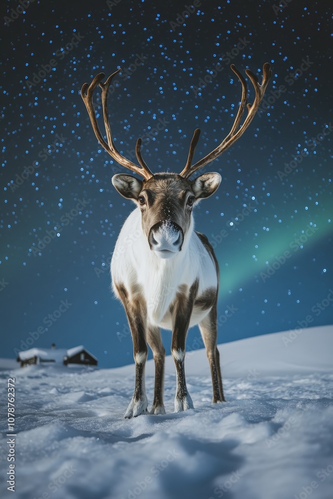 Close-Up of Reindeer on Snowy Hill Under Vibrant Aurora Night Sky Close-Up of Reindeer on Snowy Hill Under Vibrant Aurora Night Sky