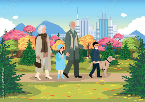 Happy elderly couple, their grandchildren and dog walking in autumn park. Active lifestyle. Beauty of autumn nature. Vector illustration on abstract background.