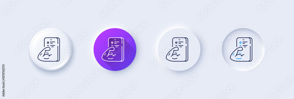 Fitness line icon. Neumorphic, Purple gradient, 3d pin buttons. Online exercise sign. Live coach symbol. Line icons. Neumorphic buttons with outline signs. Vector Fitness line icon. Neumorphic, Purple gradient, 3d pin buttons. Online exercise sign. Live coach symbol. Line icons. Neumorphic buttons with outline signs. Vector