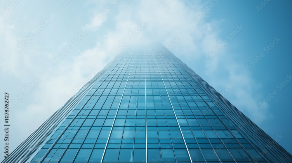 Towering Glass Skyscraper Reaching into a Cloudy Sky, Showcasing Modern Architecture and Urban Design Against a Serene Blue Background Towering Glass Skyscraper Reaching into a Cloudy Sky, Showcasing Modern Architecture and Urban Design Against a Serene Blue Background