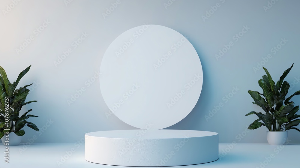 Minimalist white platform with plants and a large circle in the background. Perfect for product displays and branding. Minimalist white platform with plants and a large circle in the background. Perfect for product displays and branding.