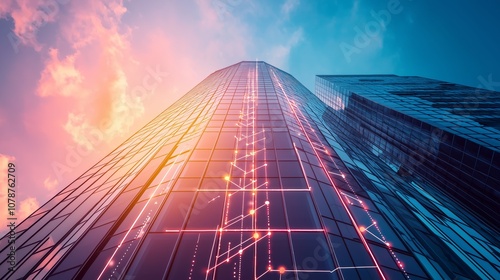 Wallpaper Mural Futuristic Urban Skyscraper with Digital Elements Reflecting Sunset in Modern City Landscape, Highlighting Architecture and Technology Integration Torontodigital.ca