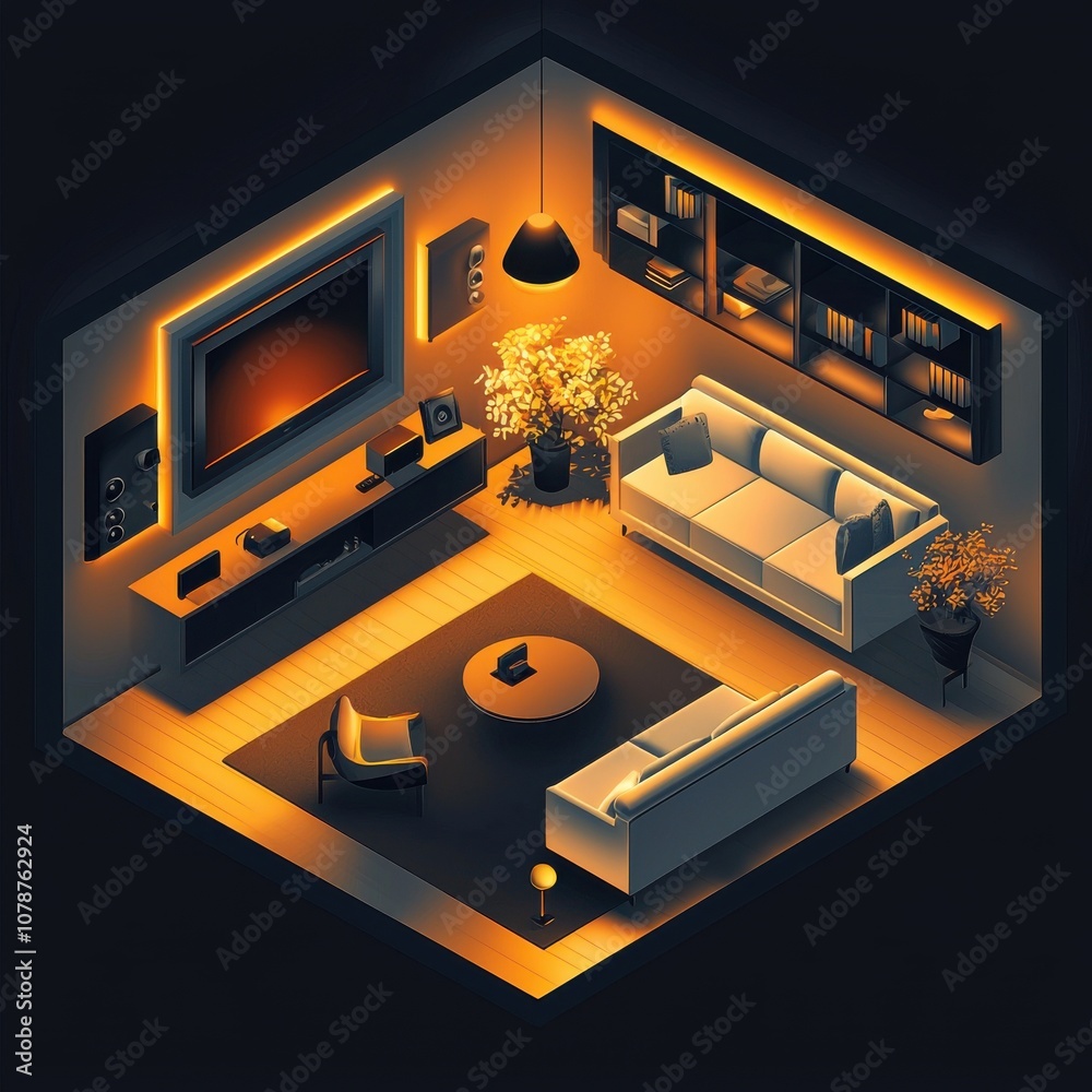 Modern cozy living room with stylish decor, warm lighting, and comfortable furniture, perfect for relaxation and entertainment.