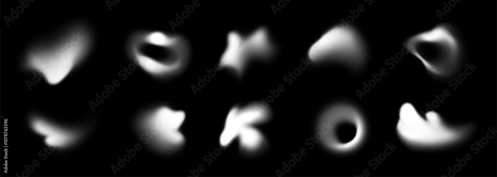 Abstract forms with blur effect, white blurry shapes. Different fluid shapes with soft edges, glowing blurred spots and dynamic forms, modern graphic elements on black background vector set