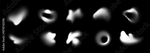 Abstract forms with blur effect, white blurry shapes. Different fluid shapes with soft edges, glowing blurred spots and dynamic forms, modern graphic elements on black background vector set