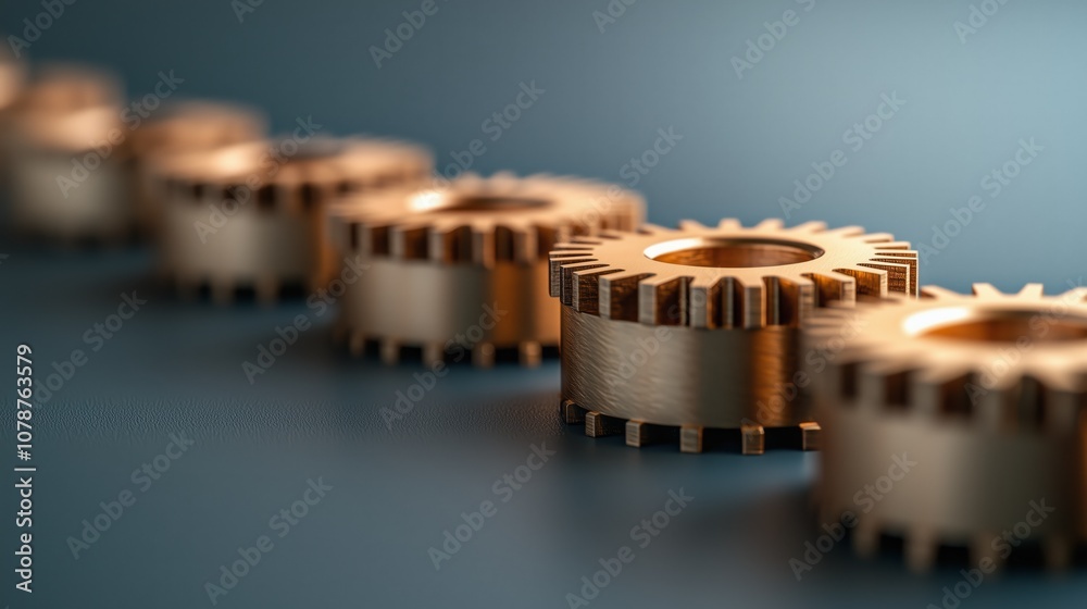 Row of Metallic Gears on Blue Background Highlighting Precision Engineering and Mechanical Components in a Modern Industrial Setting for Stock Photography