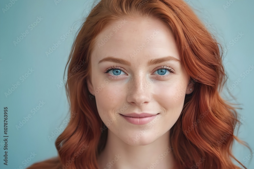 Close-up portrait of a young beautiful woman with red hair, blue eyes no makeup, soft smile on isolated blue background, studio shot Close-up portrait of a young beautiful woman with red hair, blue eyes no makeup, soft smile on isolated blue background, studio shot