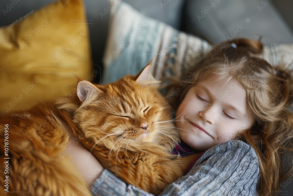 Young Girl Hugging a Ginger Cat on a Cozy Sofa Young Girl Hugging a Ginger Cat on a Cozy Sofa