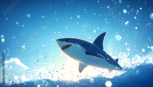 A cartoon shark jumps vibrantly out of water in a playful scene photo