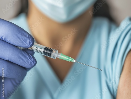 A healthcare professional holds a syringe, emphasizing vaccination and medical safety with a gloved hand and a masked face in a clinical setting.