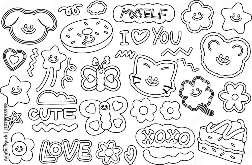 Cute outlines of teddy bear, cat, clover leaf, puppy, cat, butterfly, star, flower, heart, cake, donut for animals, cartoon character, cute patch, sweet dessert, kid colouring book, art, painting, ads