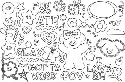 Wallpaper Mural Cute outlines of puppy, clover leaf, star, flower, heart, butterfly, girl power text and message for animals, emoji, sticker, cartoon character, patch, kid colouring book, art, painting, tattoo, zoo Torontodigital.ca