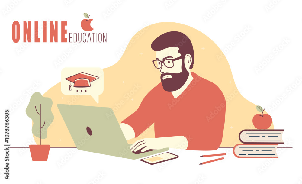 Online education and training, a loading page, a man at a laptop Online education and training, a loading page, a man at a laptop