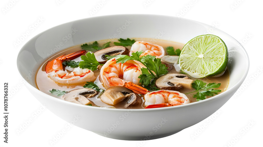 A bowl of soup with shrimp, mushrooms, and lime A bowl of soup with shrimp, mushrooms, and lime