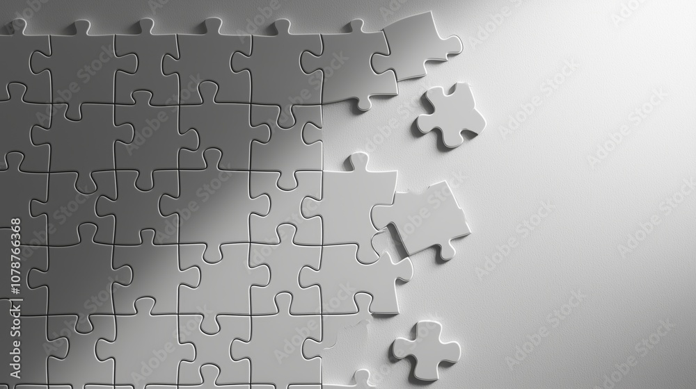 White Puzzle Pieces on a Smooth Surface with a Few Missing Parts Showcasing the Concept of Problem Solving, Incomplete Tasks, and Strategy in Creative Designs