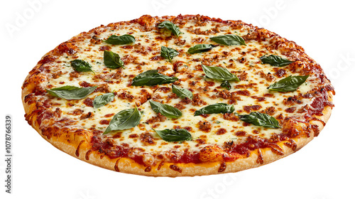 A pizza with cheese and basil leaves on top