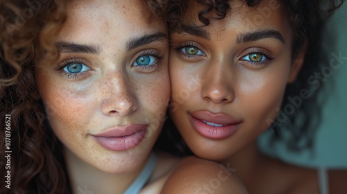 Close-up of two women with glowing skin, bright eyes, and curly hair, radiating love and connection in soft natural light. Lesbian Love Concept photo