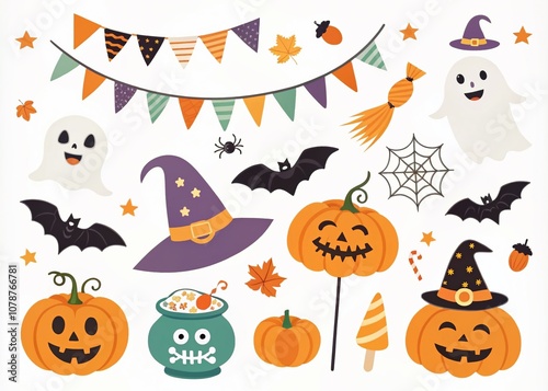 Halloween Celebration Vector Illustrations for Party Props, Greeting Cards, Logos, and Stickers Featuring Festive Themes of Ghosts, Pumpkins, Witches, and Spooky Elements