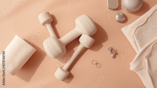 Captivating Sport Influencer Concept: Aesthetic Creative Flat Lay of Yoga and Fitness Training Gear on Beige Background - Featuring Dumbbells, Yoga Mat, and More.