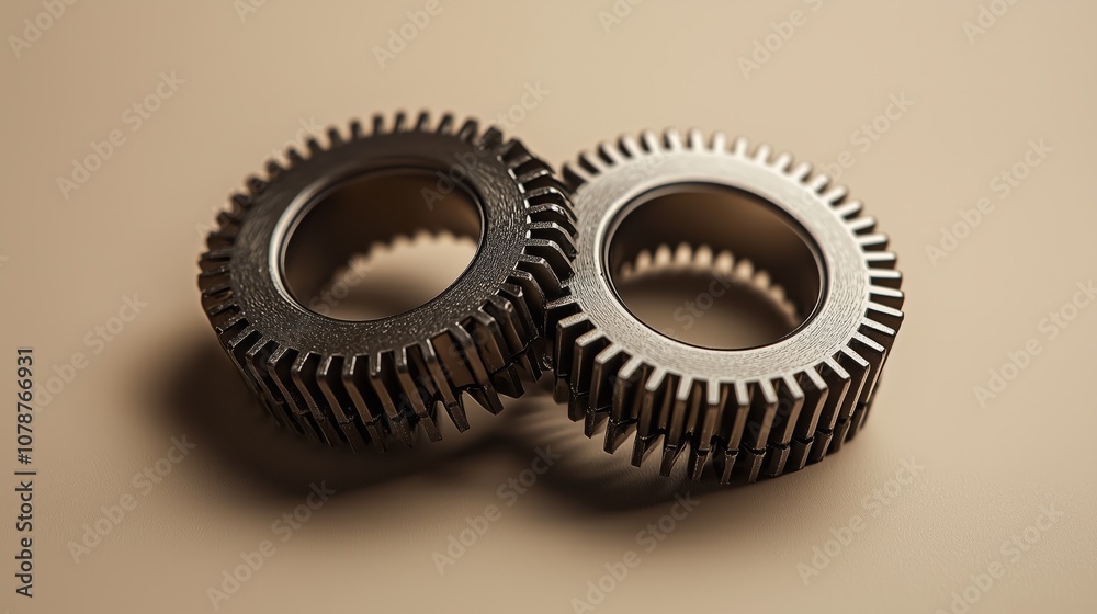Close-Up View of Two Interlocking Metal Gears with Detailed Texture and Surface Finish on a Soft Neutral Background for Industrial and Engineering Applications Close-Up View of Two Interlocking Metal Gears with Detailed Texture and Surface Finish on a Soft Neutral Background for Industrial and Engineering Applications